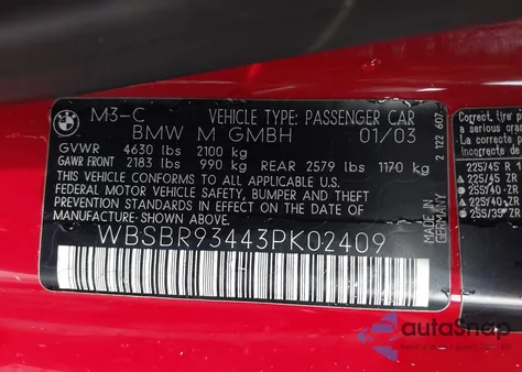 2003 BMW M3 z USA, uszkodzony, nr VIN WBSBR93443PK02409